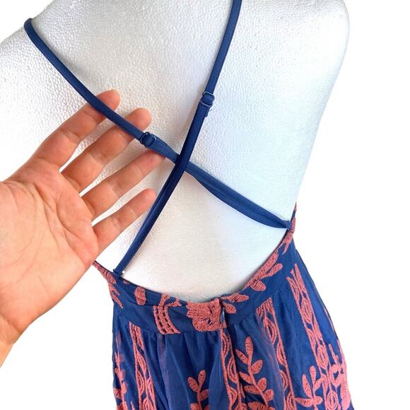 Magnolia Maxi Dress S Lace Embroidered Empire Waist Spaghetti Strap V Neck Navy - Picture 5 of 13